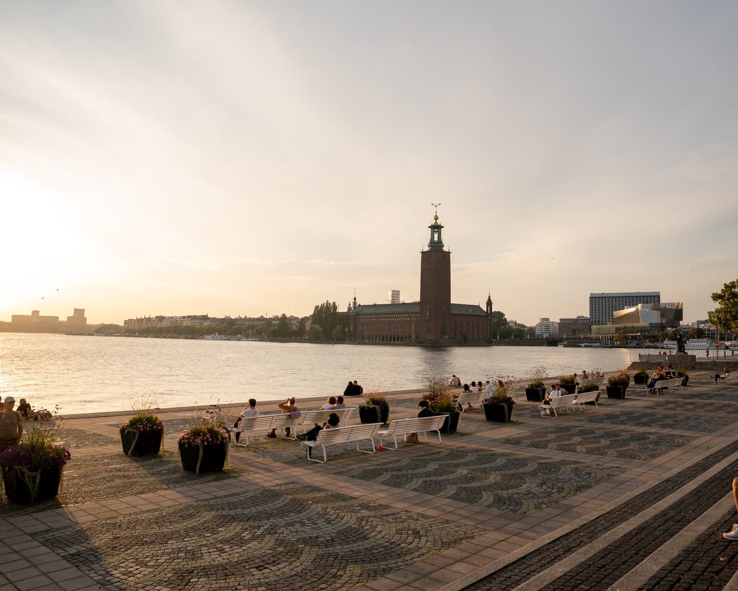 Terrass vid Riddarfjärden med Stockholm stadshus i bakgrunden vid solnedgång